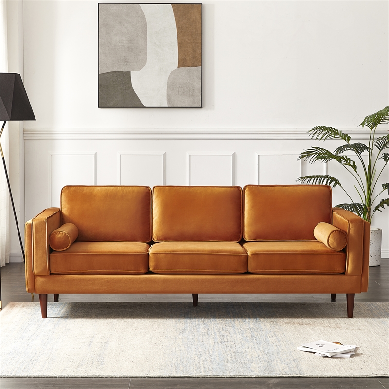 Pemberley Row Velvet Orange Sofa Rectangular Mid-Century 88