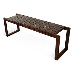 Pemberly Row Mid-Century Rectangular Genuine Leather Upholstered Bench in Cognac