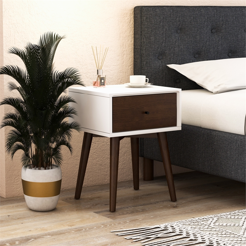 Pemberly Row Mid-Century Solid Wood 1-Drawer Night Stand in White