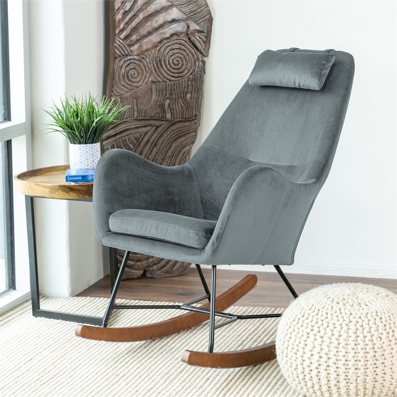 Pemberly Row Mid-Century Tight Back Velvet Rocking Chair in Dark Grey