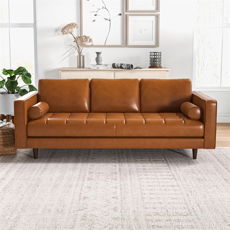 Pemberley Row Genuine Aniline Leather Tan Sofa Rectangular Mid-Century 88