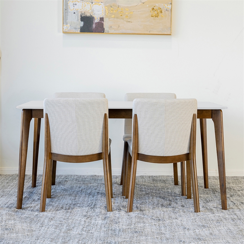 Pemberly Row 5-Piece Mid-Century Dining Set with 4 Fabric Dining Chairs in Beige