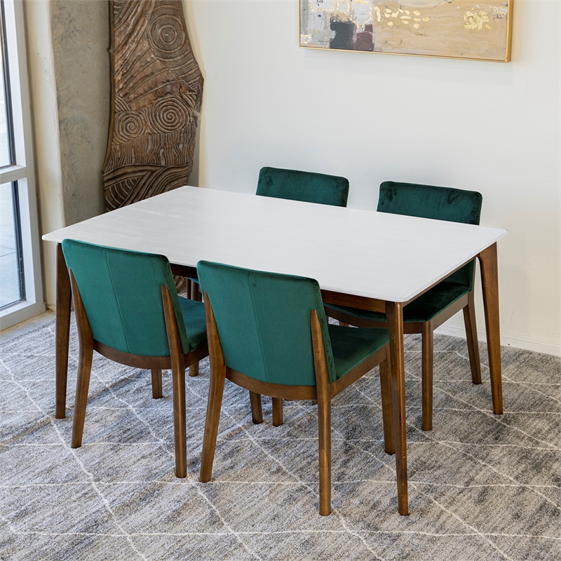 Pemberly Row 5-Piece Mid-Century Dining Set w/ 4 Velvet dining chairs in Green
