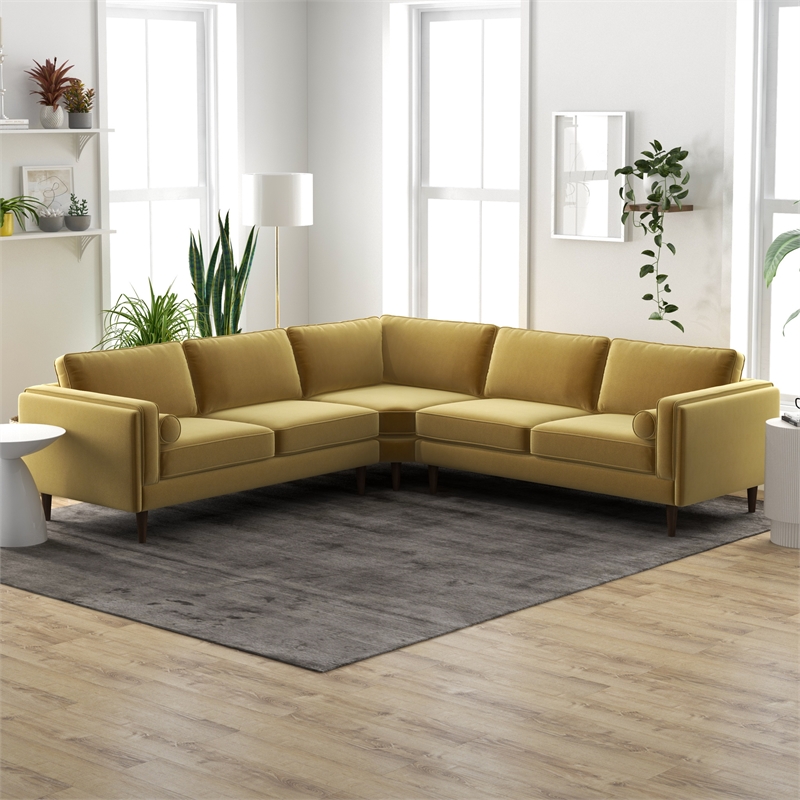 Pemberly Row Mid-Century L-Shaped Pillow Back Velvet Corner Sofa in Gold