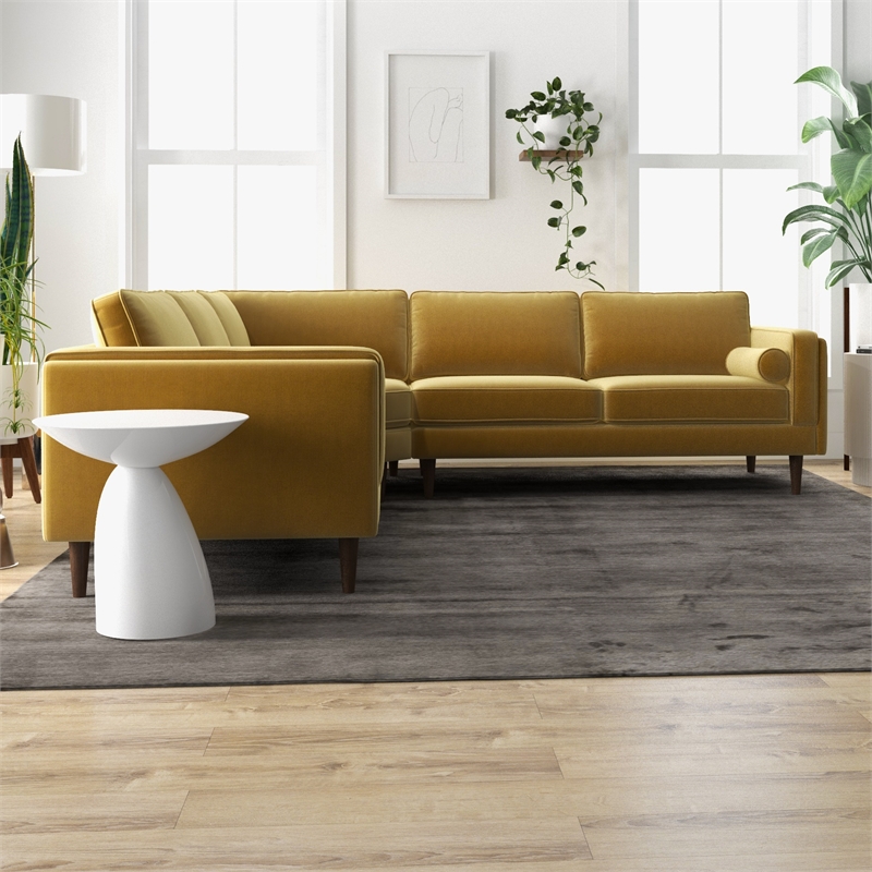 Pemberly Row Mid-Century L-Shaped Pillow Back Velvet Corner Sofa in Gold
