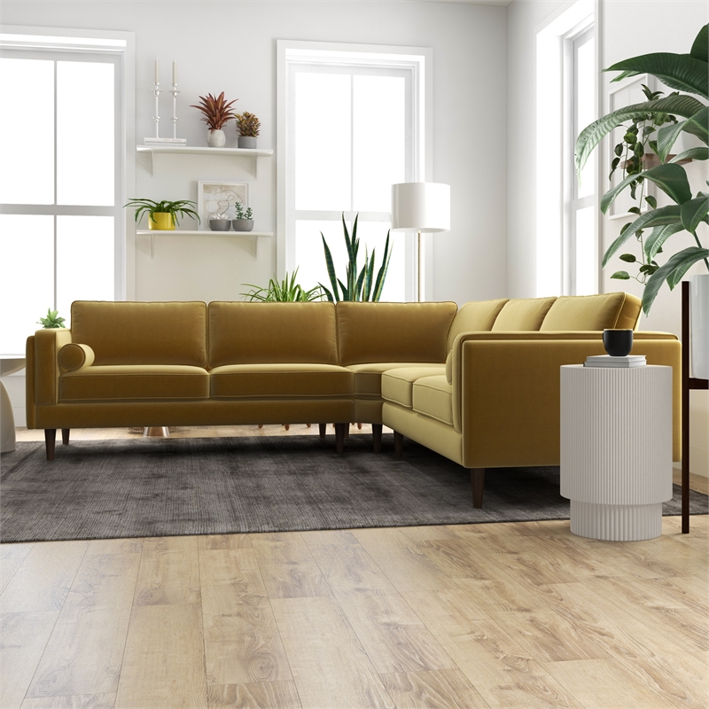 Pemberly Row Mid-Century L-Shaped Pillow Back Velvet Corner Sofa in Gold