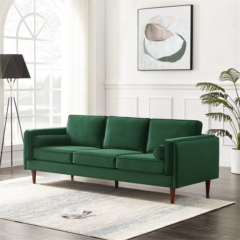 Pemberly Row Mid-Century Modern Pillow Back Velvet Sofa in Green