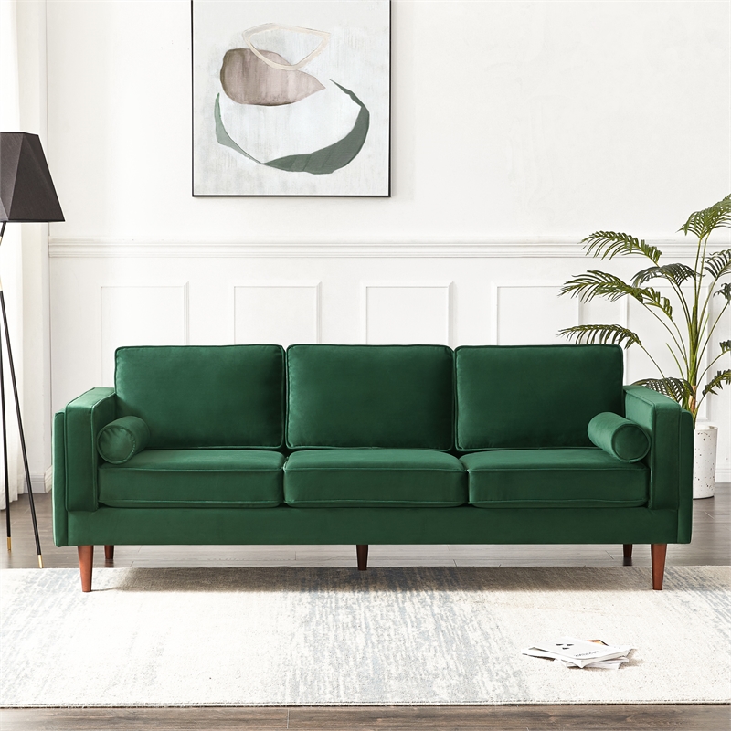 Pemberly Row Mid-Century Modern Pillow Back Velvet Sofa in Green