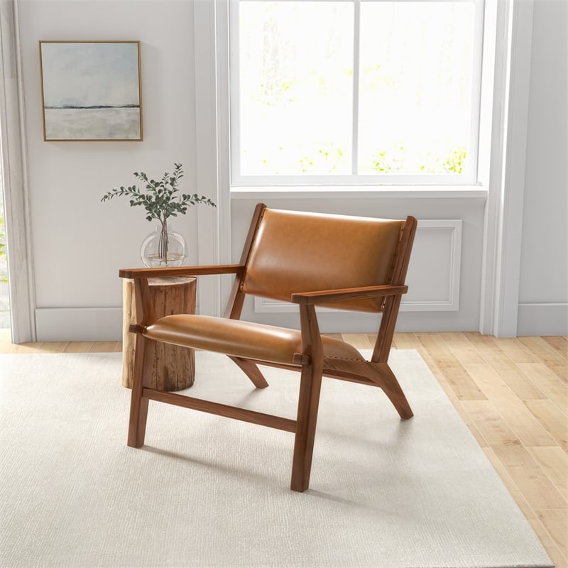 Pemberly Row Mid-Century Tight Back Genuine Leather Lounge Chair in Tan