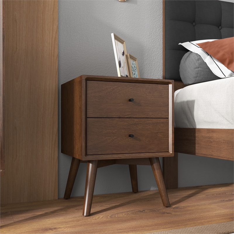 Pemberly Row Walnut Solid Wood Nightstand Bed Side Tables with 1 Drawer