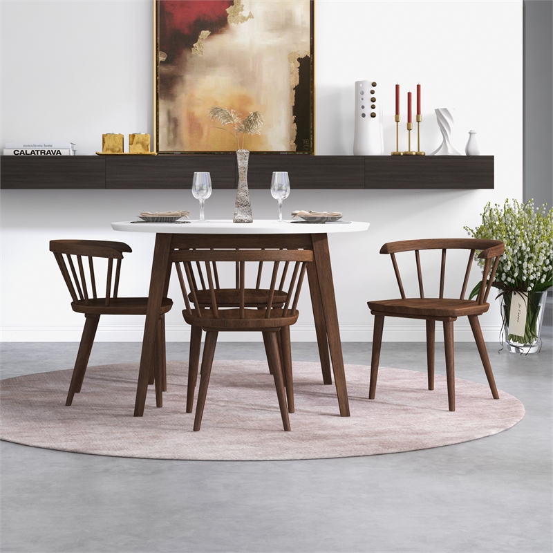 Pemberly Row 5-Piece Modern Dining set w/ 4 Solid Wood Dining Chairs in Brown