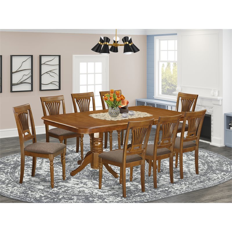 Pemberly Row 9-piece Dining Set w/ Linen Chairs in Saddle Brown