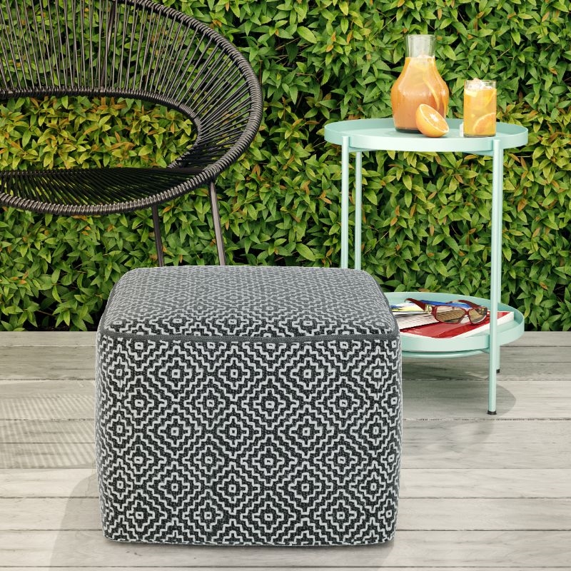 Pemberly Row Modern Boho Square Fabric Woven Pouf in Gray and White
