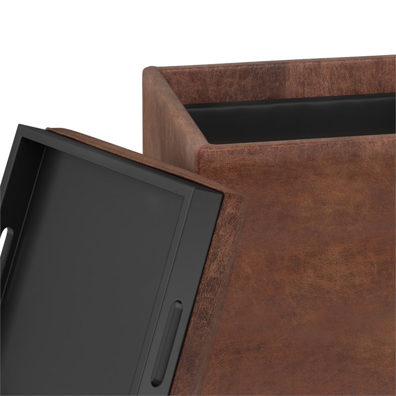 Pemberley Row Faux Leather Distressed Saddle Brown Storage Ottoman Cube Multi-Functional 16.9