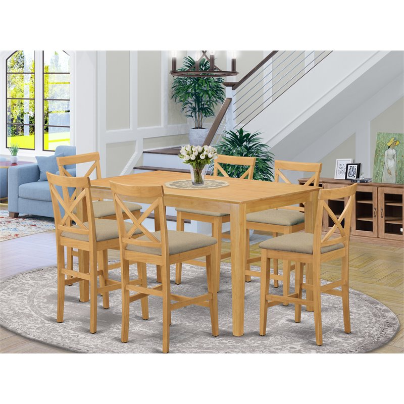 Pemberly Row 7-piece Wood Dining Set with Linen Chairs in Oak