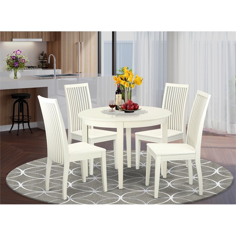 Pemberly Row 5-piece Dining Set with Leather Seat in Linen White