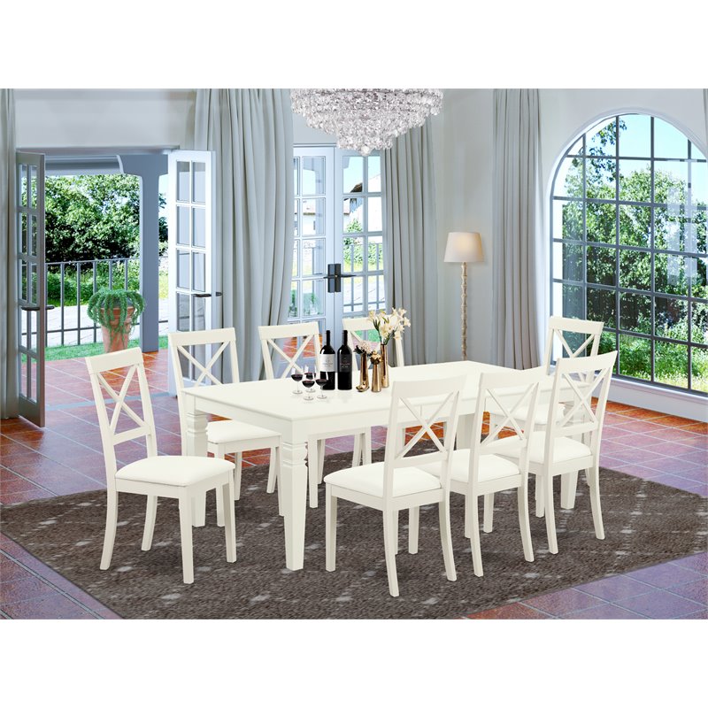 Pemberly Row 9-piece Dining Set with Leather Chairs in Linen White