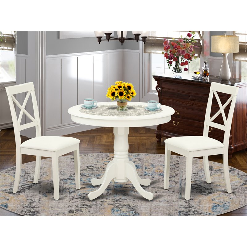 Pemberly Row Antique 3 Piece Wood Faux Leather Dining Set in Linen White