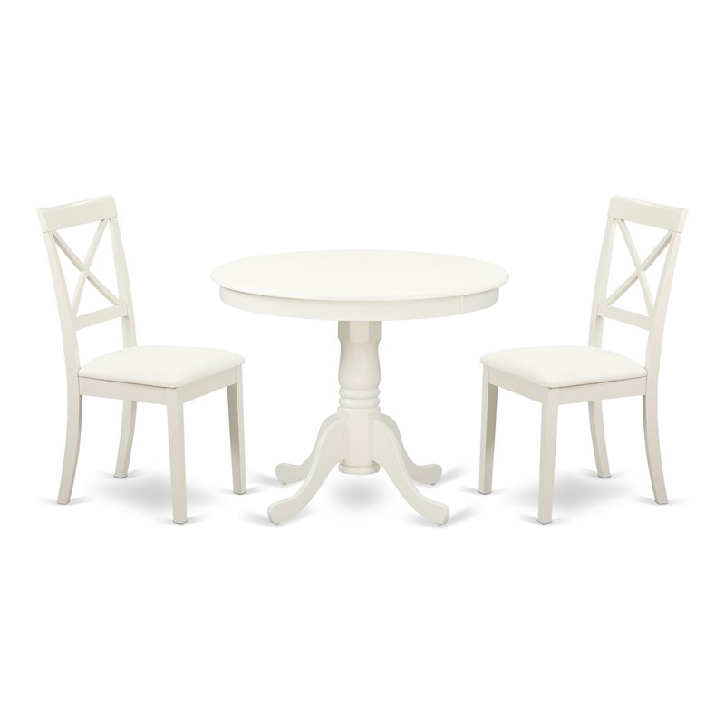 Pemberly Row Antique 3 Piece Wood Faux Leather Dining Set in Linen White