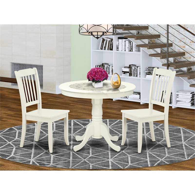 Pemberly Row Antique 3-piece Dining Set w/ Slatted Chairs in Linen White