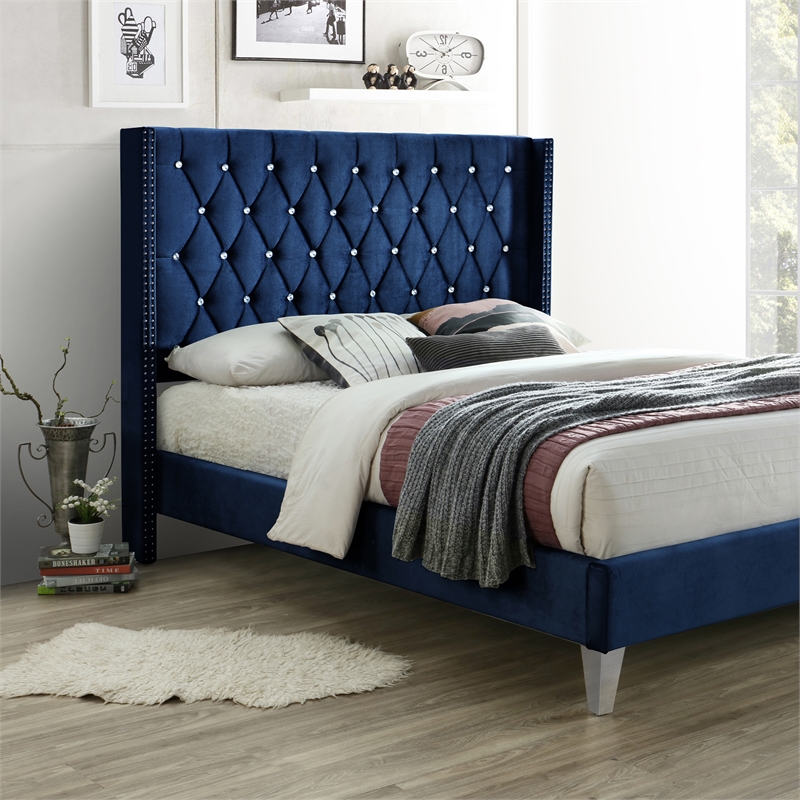 Pemberly Row Contemporary Velvet Upholstered Queen Platform Bed in Blue