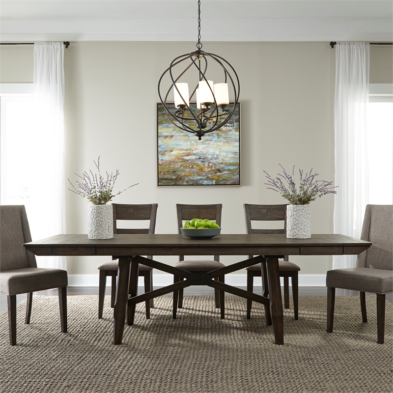 Pemberly Row Transitional Wood Trestle Table Top and Base in Chocolate