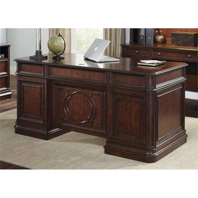 Pemberly Row Contemporary Metal Executive Desk in Mahogany