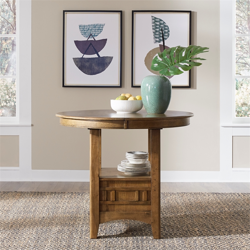 Pemberly Row Transitional Wood Pub Table in Oak