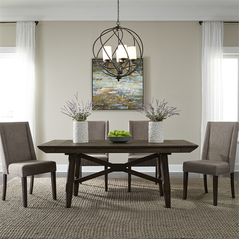 Pemberly Row Transitional Wood 5 Piece Trestle Table Set in Brown