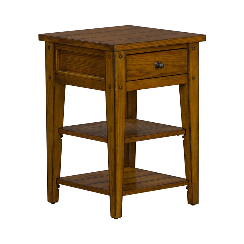 Pemberly Row Farmhouse Wood/Brass Chair Side Table in Golden Oak