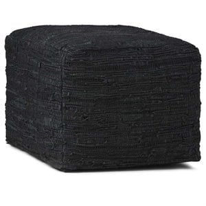 Pemberly Row Contemporary Boho Square Pouf in Black Woven Genuine Leather