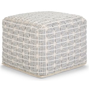 Pemberly Row Boho Square Pouf in Light Blue and White Handloom Woven Pattern