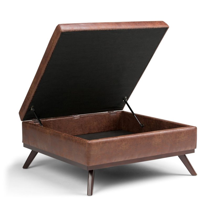 Pemberly Row Faux Air Leather Square Coffee Table Ottoman in Saddle Brown