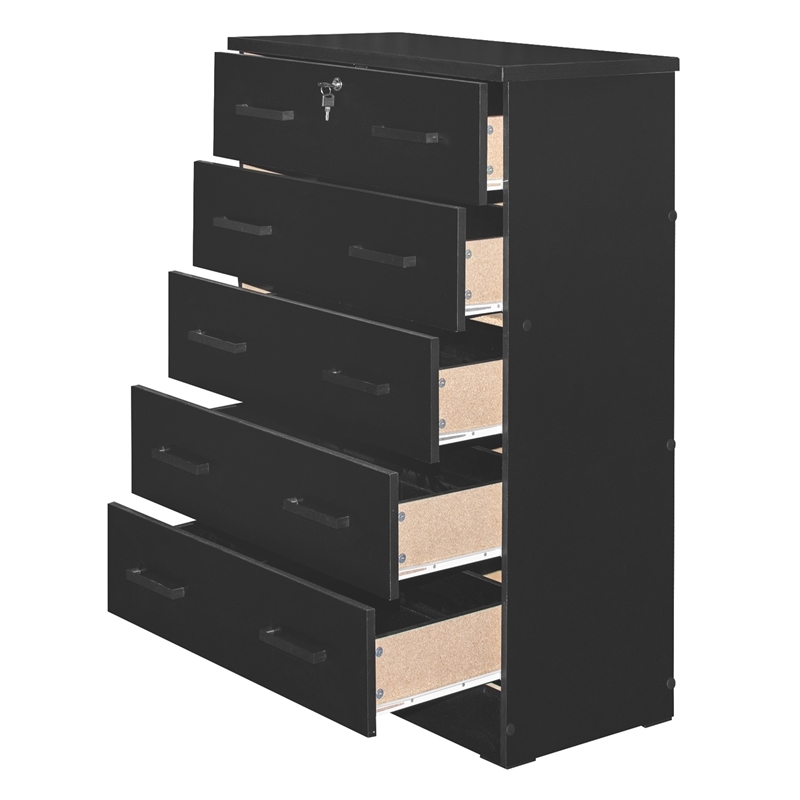 Pemberly Row Contemporary 5-Drawer Engineered Wood Chest with Lock in Black