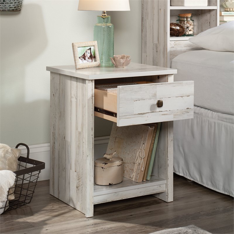 Pemberly Row Mid-Century 1 Drawer Wooden Nightstand in White Plank