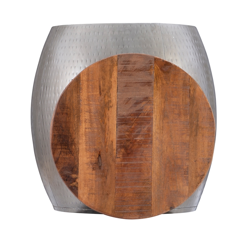 Pemberly Row Modern Metal and Wood Drum Side Table with Storage in Silver