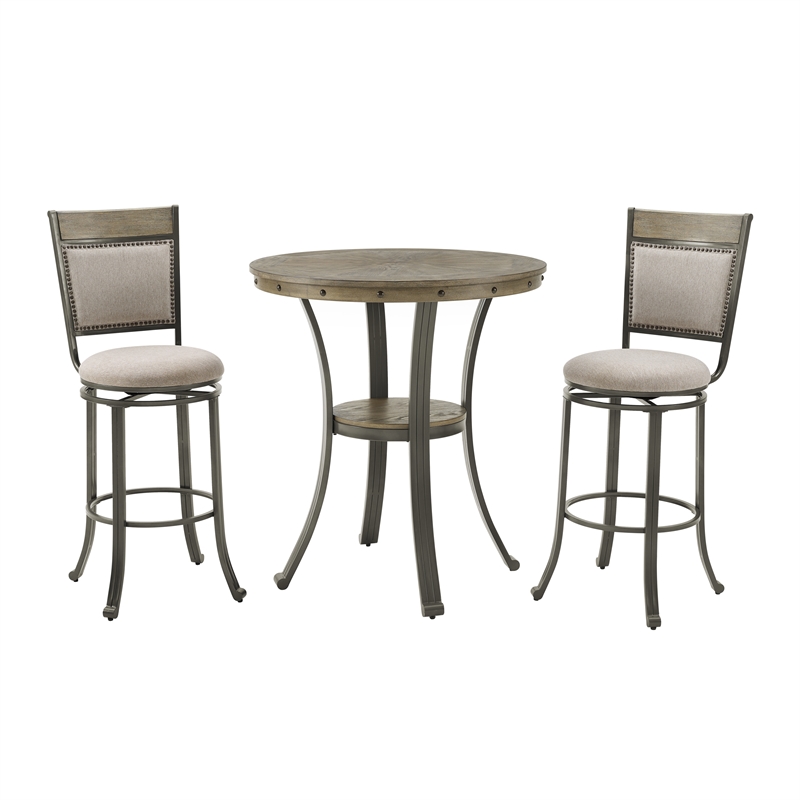 Pemberley Row MDF Ash Veneer Champagne Pewter 3 Piece Pub Set Round Table Storage Unassembled