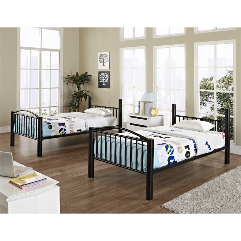 Pemberly Row Contemporary Metal Twin Over Twin Bunk Bed Attached Ladder in Black