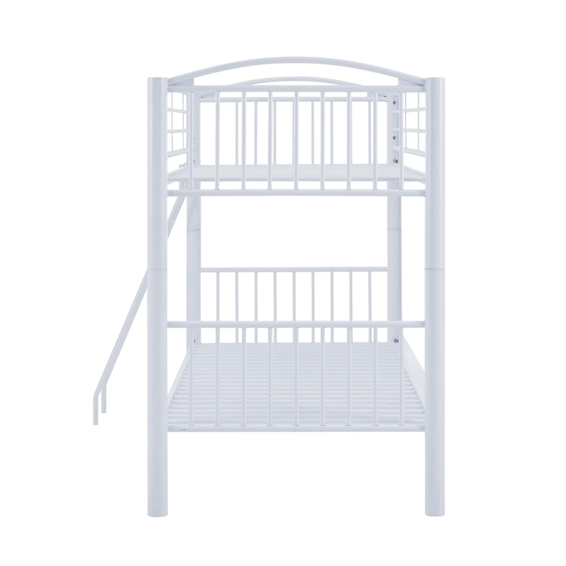 Pemberly Row Modern Metal Twin Over Twin Bunk Bed Attached Ladder in White