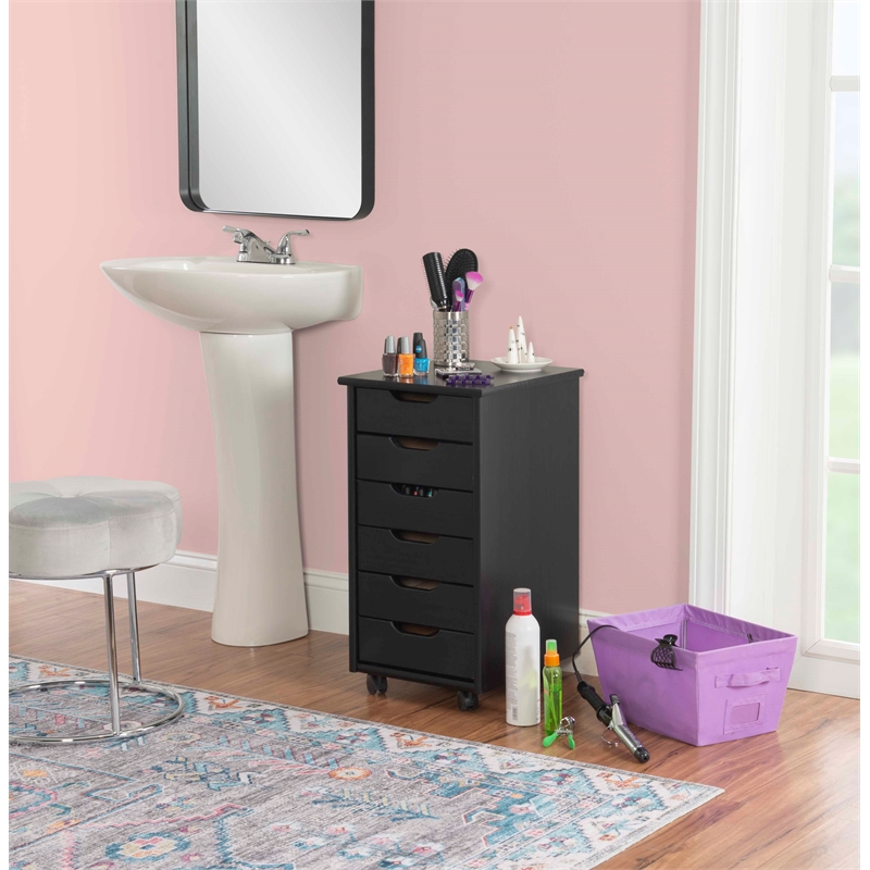 Pemberley Row Pine Wood Black Rolling Storage Cart Rectangular 25.75