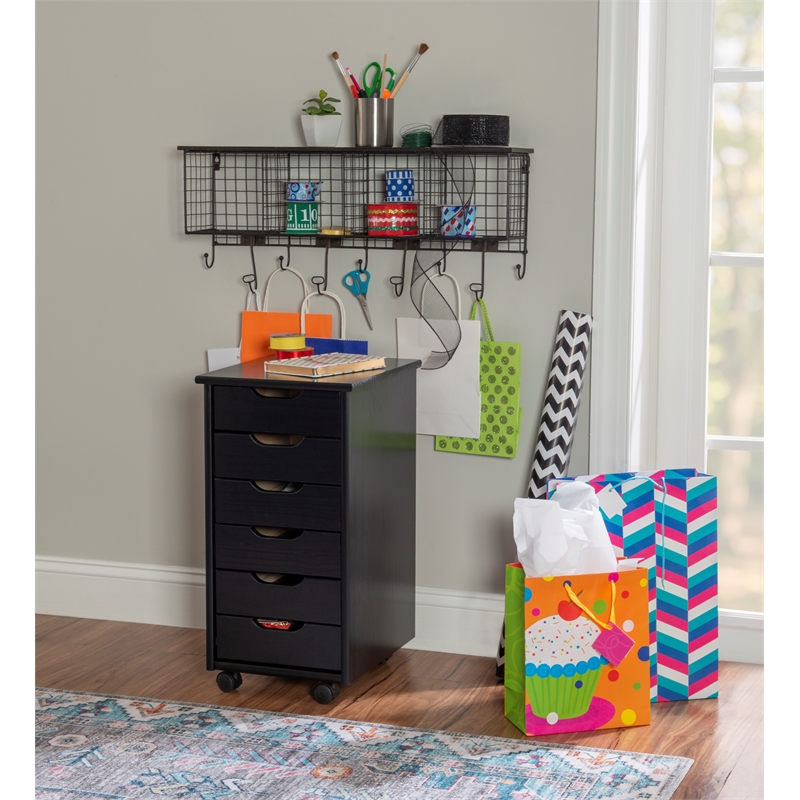 Pemberley Row Pine Wood Black Rolling Storage Cart Rectangular 25.75