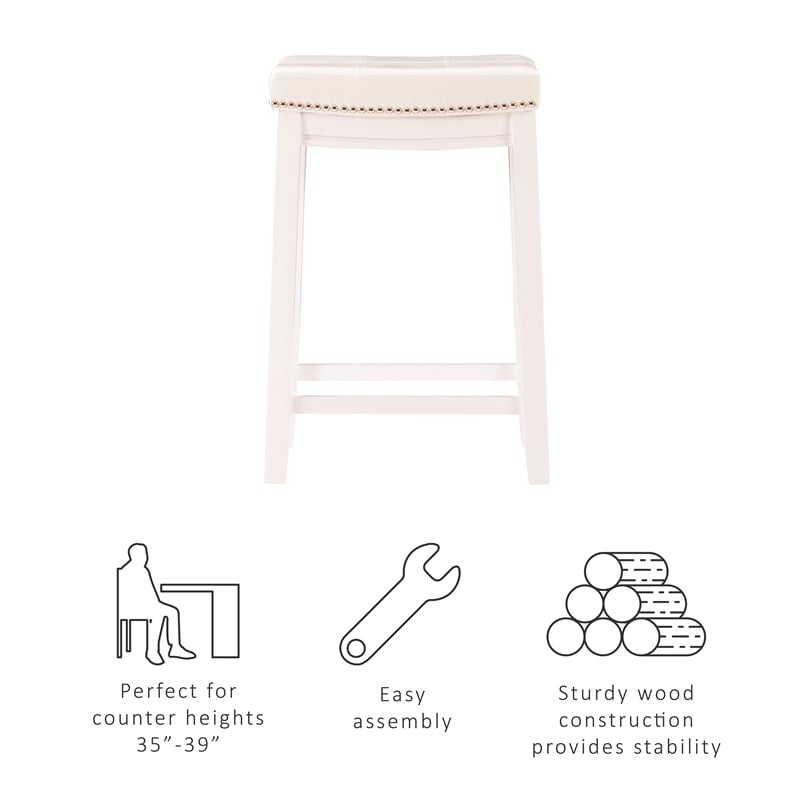 Pemberley Row Faux Leather White Counter Stool Rectangular Easy to Clean 26