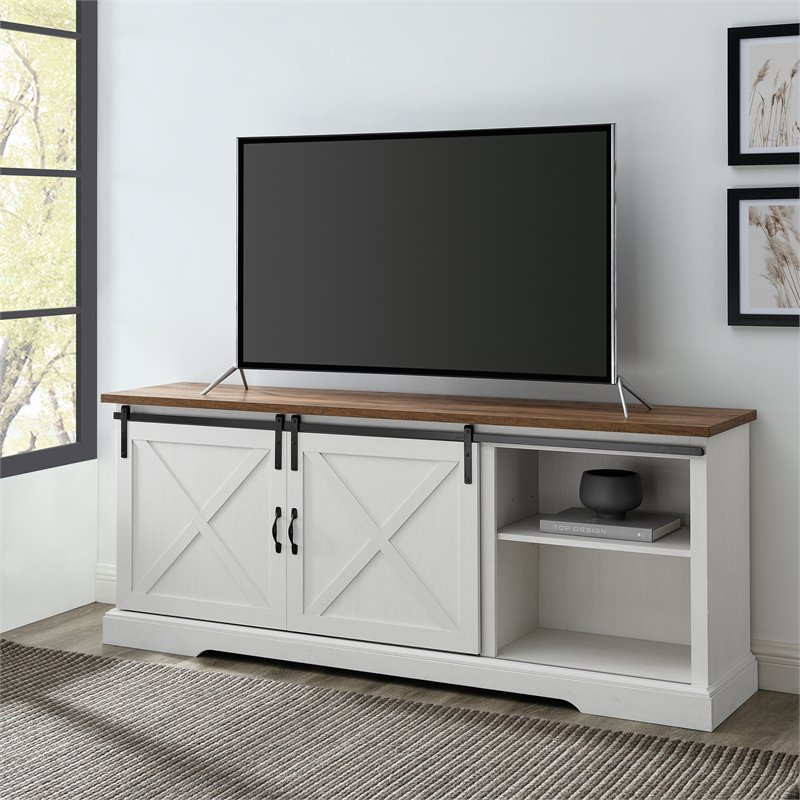 Pemberley Row Barnwood White TV Console Rectangular Adjustable Shelves 70