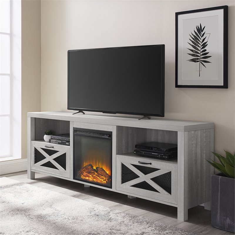 Pemberley Row MDF Stone Gray Fireplace TV Stand Rectangular Farmhouse 70