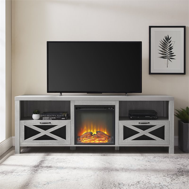 Pemberley Row MDF Stone Gray Fireplace TV Stand Rectangular Farmhouse 70