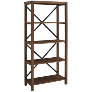 Pemberly Row 64&quot Farmhouse Metal X Bookcase with 4-Fixed Shelves in Dark Walnut