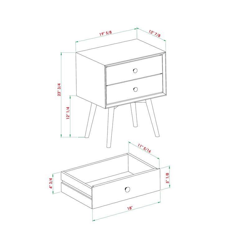 Pemberly Row Mid Century Modern 2-Drawer Bedroom Nightstand in Black
