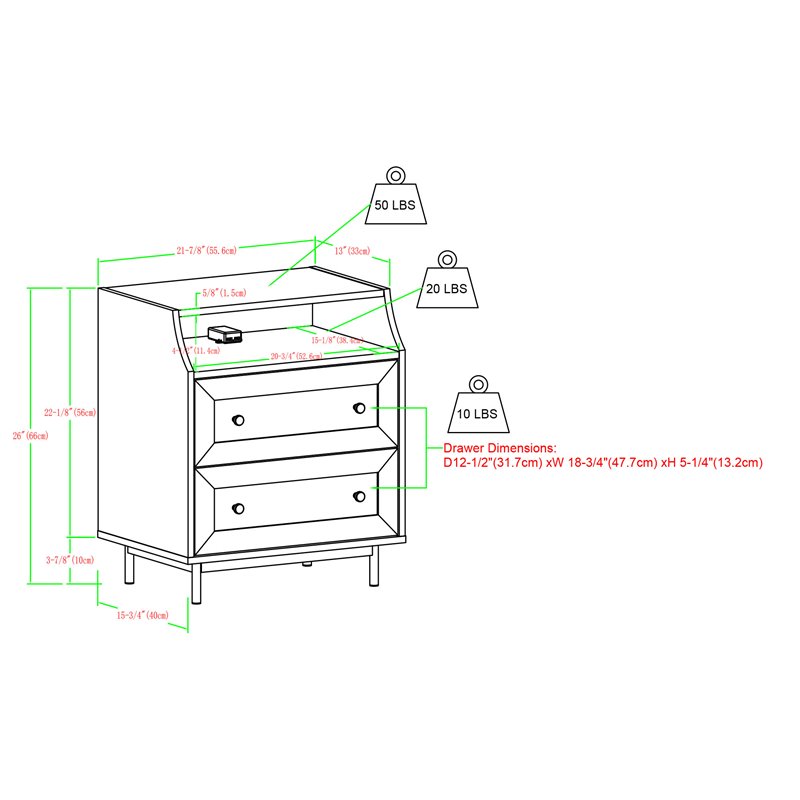 Pemberly Row 2-Drawer Bedroom Nightstand with USB in Dark Walnut (Set of 2)