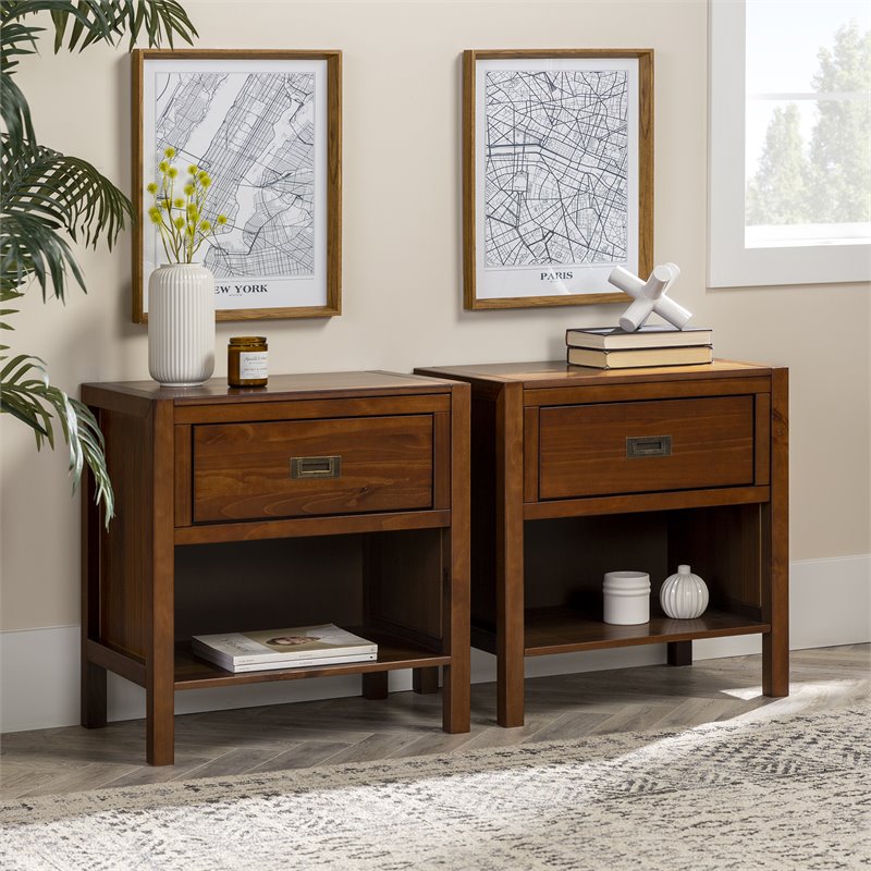 Pemberly Row 1-Drawer Classic Solid Wood Bedroom Nightstand Set in Walnut