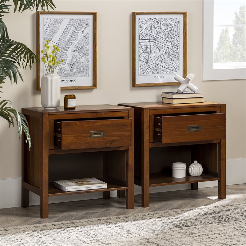 Pemberly Row 1-Drawer Classic Solid Wood Bedroom Nightstand Set in Walnut